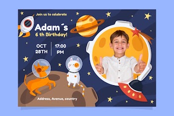 Children's birthday card template with space and planets Free Vector
