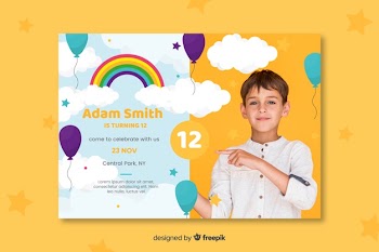 Children's birthday invitation template with photo Free Vector