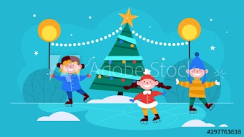 Children skating outside at the christmas tree