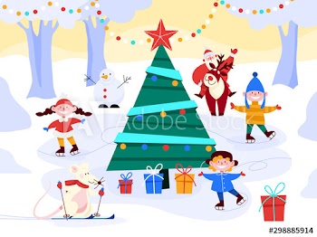 Children skating outside at the christmas tree