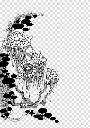 China Irises Chinoiserie Painting Black and white, Chinese style black and white chrysanthemum Figure transparent background PNG clipart