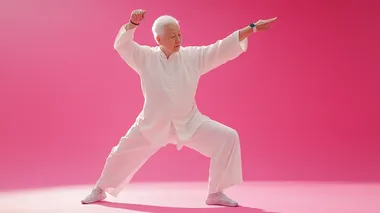 Chinese Elderly Man Practicing Tai Chi in Studio with Pink Background Chinese Elderly Man Practicing Tai Chi in Studio with Pink Background