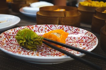 Chinese fried dim sum with chopsticks 