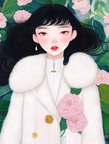 Chinese girl in fur coat with pink azaleas, vibrant minimalist fashion art Chinese girl in fur coat with pink azaleas, vibrant minimalist fashion art