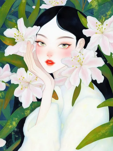 Chinese girl in trendy fashion surrounded by pink azaleas and greenery Chinese girl in trendy fashion surrounded by pink azaleas and greenery