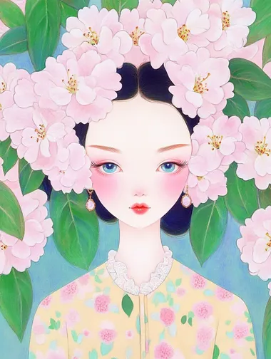 Chinese girl with azaleas in hair, trendy outfit, vivid minimalist art Chinese girl with azaleas in hair, trendy outfit, vivid minimalist art