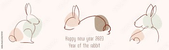 Chinese New Year 2023, year of the rabbit, red and gold line art characters, simple hand drawn Asian elements with craft (Chinese translation: Happy Chinese New Year 2023, year of the rabbit).
