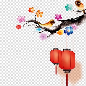 Chinese New Year Watercolor painting Taobao, Hongmei,lantern,new Year,Chinese New Year,Joyous transparent background PNG clipart