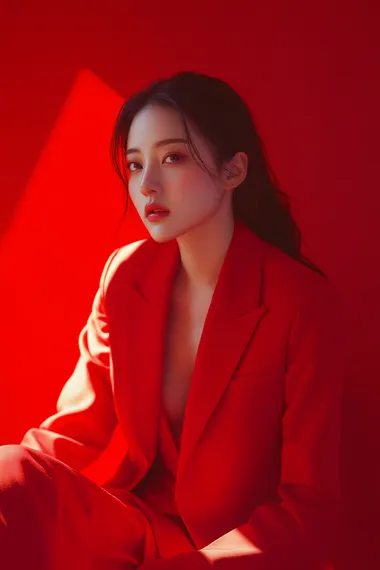 Chinese woman in red suit sitting on floor, fashion photography by Giorgio Armani