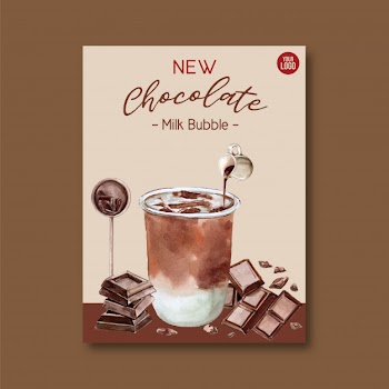 Chocolate bubble milk tea set, poster ad, flyer template, watercolor illustration Free Vector