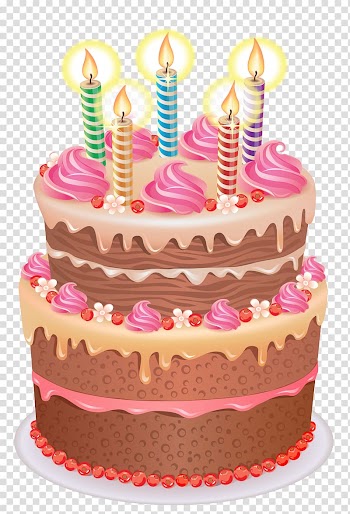 Chocolate cake with icing and five lighted striped candles illustration, Birthday cake Cupcake , Cake transparent background PNG clipart