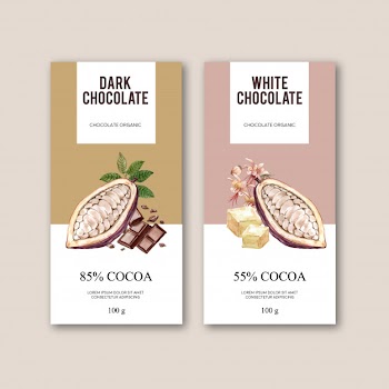 Chocolate packing with ingredients branch cocoa, watercolor illustration Free Vector