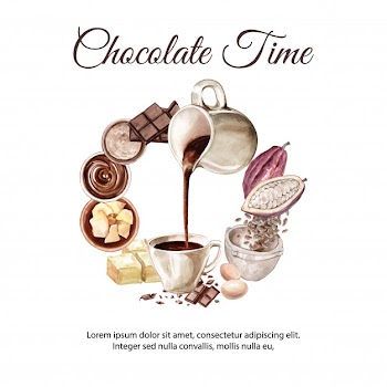 Chocolate watercolor ingredients, making chocolate drink cacoa and butter illustration Free Vector