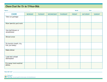 Chore chart for teens, 15-17 years old. Free download from ...