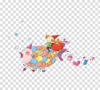 Christmas Cartoon Illustration, Riding a fish gifts transparent background PNG clipart