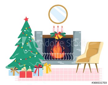 Christmas cozy living room interior with tree and gift boxes