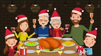 Christmas dinner. Family toasting with red wine in Christmas dinner at home in the living room.Father, mother, grandfather, grandmother, son, daughter, are celebrating together. vector illustration.