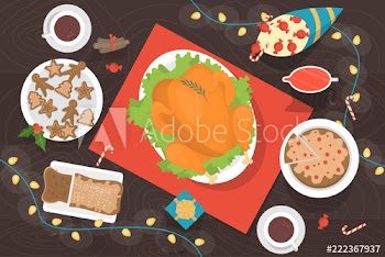 Christmas dinner on the table top view