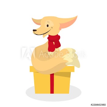 Christmas dog character sitting on the gift box