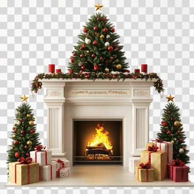 Christmas Fireplace, christmas tree and gifts around, front,