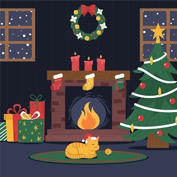 Christmas fireplace scene with cute cat wearing santa's hat Free Vector