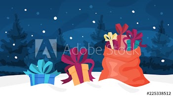 Christmas gift and red bag lying in the snow