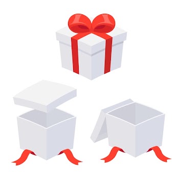 Christmas gift box with red ribbon bow, opening and open. Isolated vector illustration set.