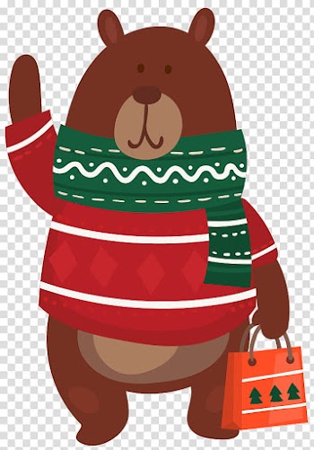 Christmas Graphics, brown bear carrying gift bag illustration transparent background PNG clipart
