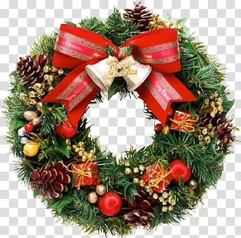 Christmas, green and red Christmas wreath transparent background PNG clipart