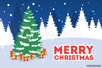 Christmas green tree or fir in winter forest with gift boxes