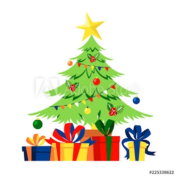 Christmas green tree with gift boxes around