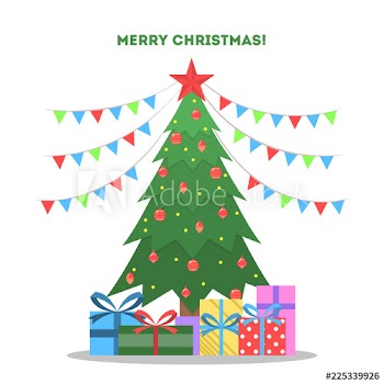 Christmas green tree with gift boxes around