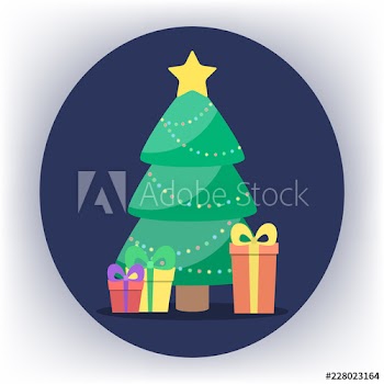 Christmas green tree with gift boxes around
