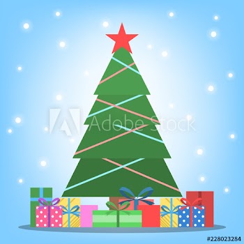 Christmas green tree with gift boxes around