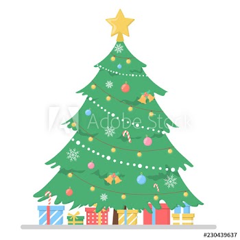 Christmas green tree with gift boxes around