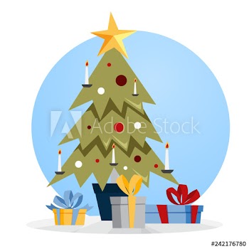 Christmas green tree with gift boxes around