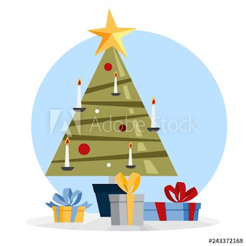 Christmas green tree with gift boxes around