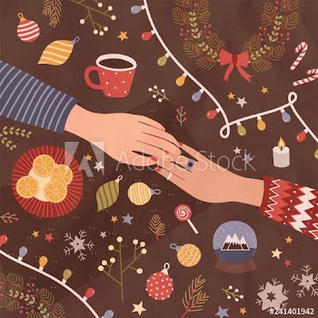 Christmas greeting card or postcard template with holding hands, cup of coffee, sweets, festive seasonal decorations lying on table
