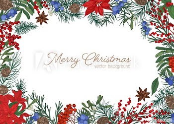 Christmas greeting card template decorated by branches and cones of coniferous tree, holly, mistletoe and juniper berries and leaves hand drawn on white background
