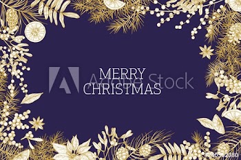 Christmas greeting card template decorated by coniferous branches and cones, mistletoe berries, orange slices and star anise hand drawn with contour lines on blue background