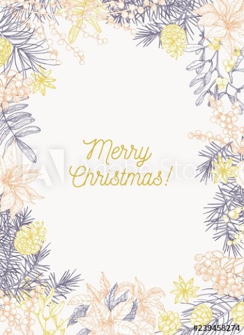 Christmas greeting card template with holiday wish inside frame made of branches and cones of coniferous trees and seasonal winter plants drawn with contour lines