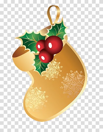 CHRISTMAS MEGA, gold-colored, green, and red Christmas sock illustration transparent background PNG clipart
