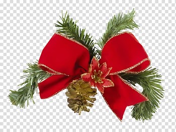 CHRISTMAS MEGA, green pine leaves and red bow decor transparent background PNG clipart