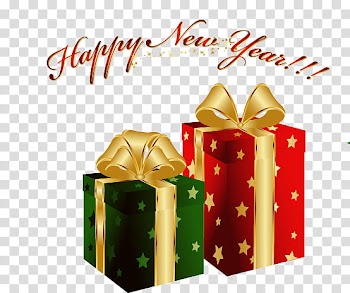 CHRISTMAS MEGA, red and green gift boxes with Happy New year text overlay transparent background PNG clipart