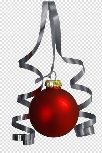 Christmas Ornaments n Ribbons s, red bauble with two gray ribbons transparent background PNG clipart