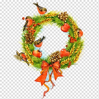 Christmas Resource , brown and green wheat wreath with birds transparent background PNG clipart