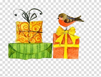 Christmas Resource , brown and orange bird on red gift box art transparent background PNG clipart