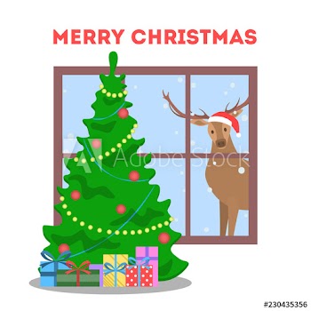 Christmas room with green tree and gift boxes