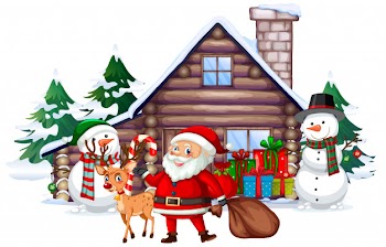 Christmas scene with santa and snowman Free Vector