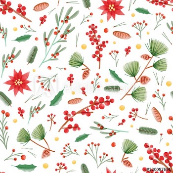Christmas seamless pattern with holly leaves, poinsettia and mistletoe plants, pine cones and branches on white background